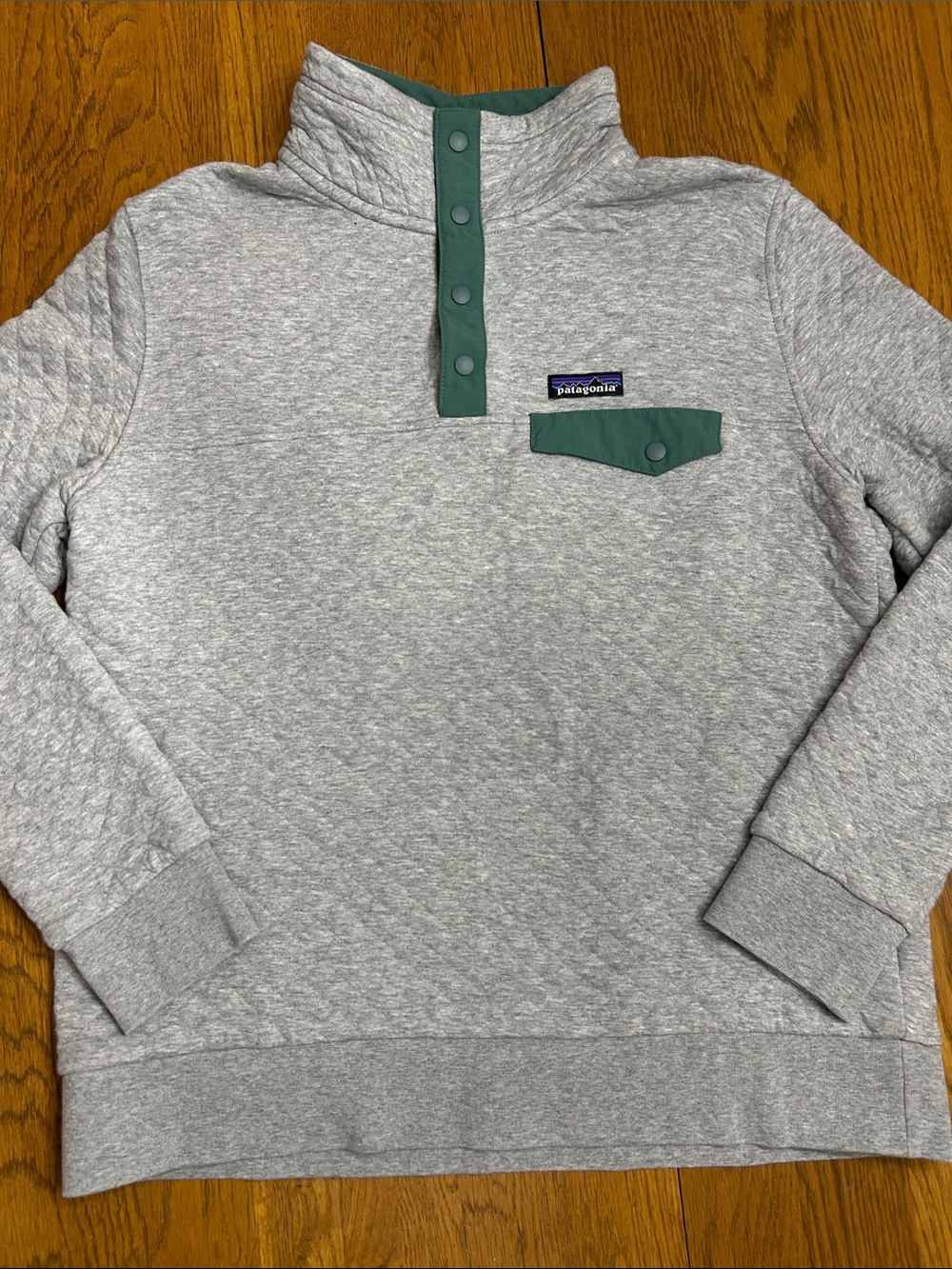 Patagonia Mens Heather Gray Snap Pullover with Forest Trim